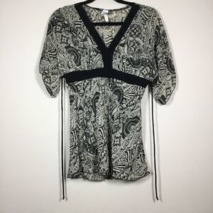 Taupe and black sheer patterned babydoll top with tie back v neck lagenlook Sz S